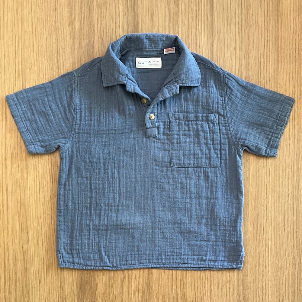 Zara, kid’s 100% cotton lightweight muslin shirt, blue size 6, runs smaller